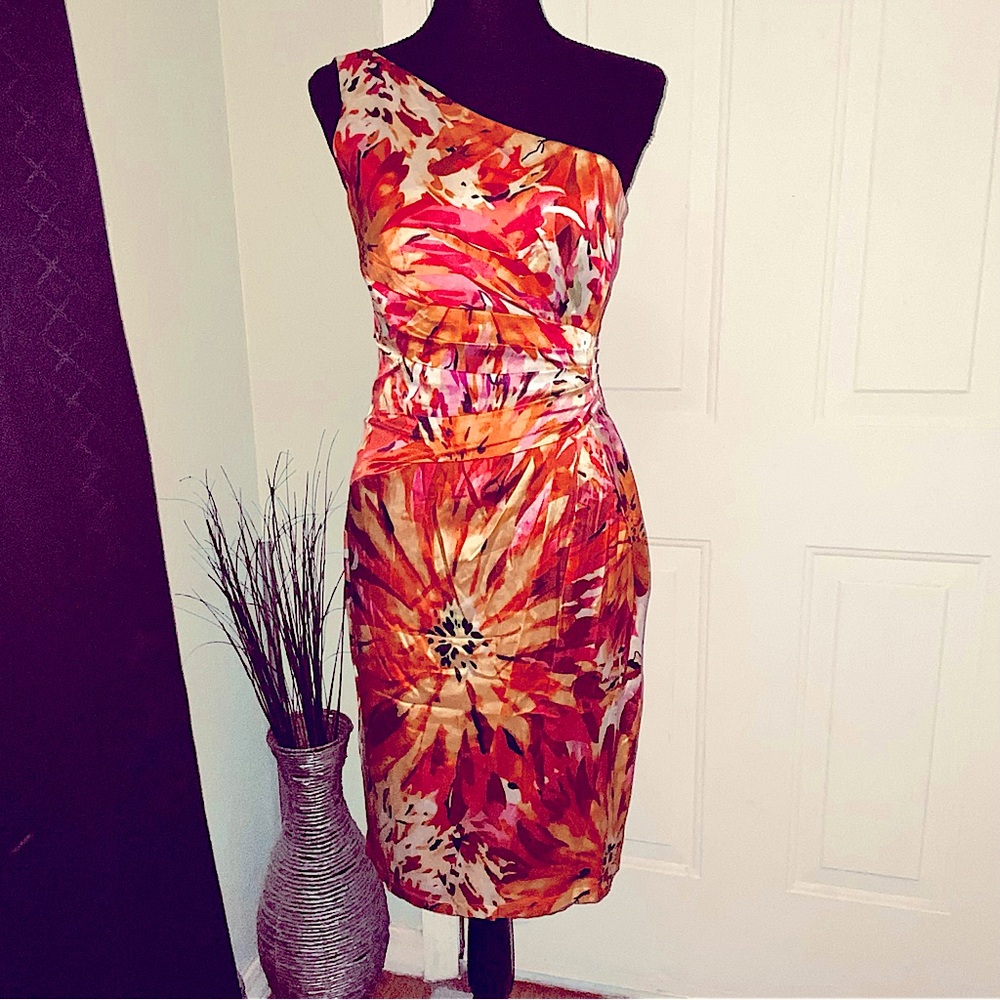 Vintage David Meister - one shoulder ruched waist cocktail dress